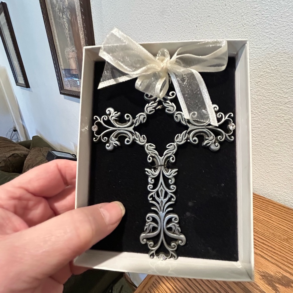 Elegant White Filigree Cross with Ribbon